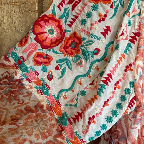 Tolani Pink, Peach & Orange Flowy Blouse with puff 3/4 Sleeves - Picture 3 of 7